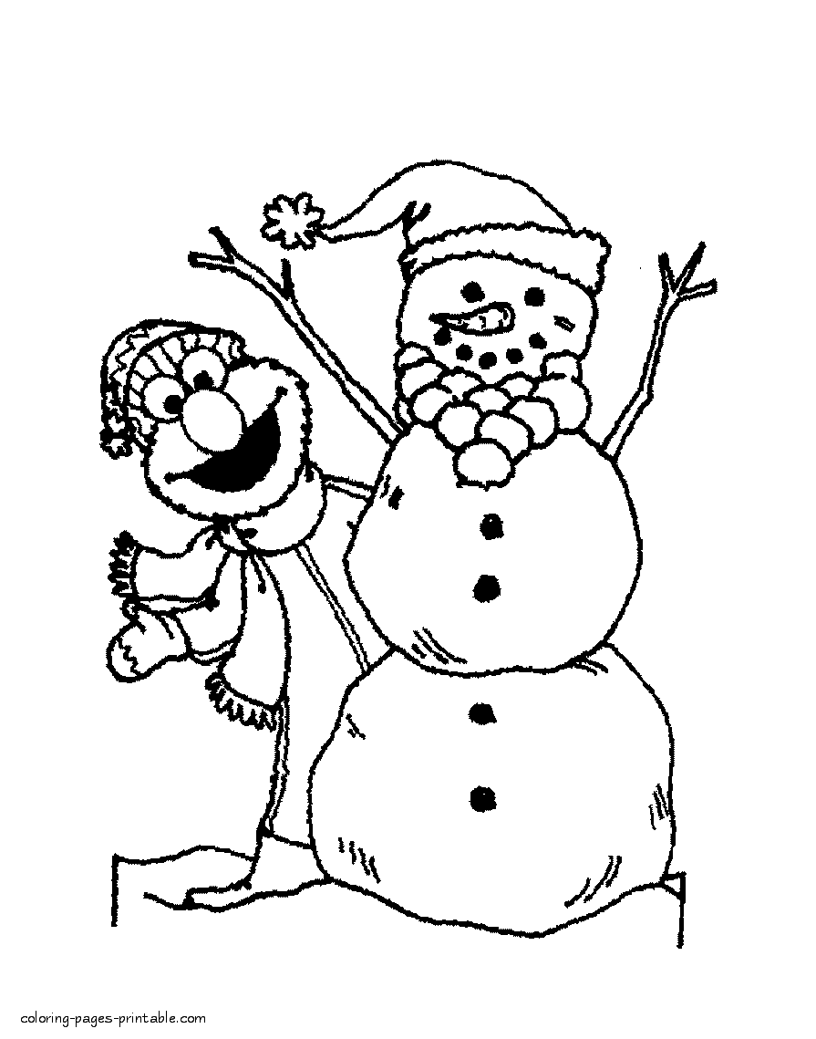 Elmo and snowman winter coloring pages