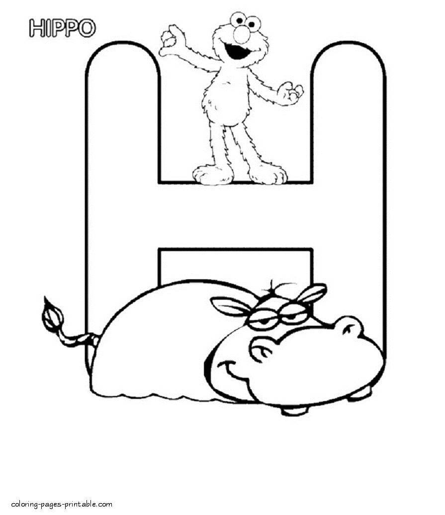 Elmo, a hippo and the letter H coloring page printable