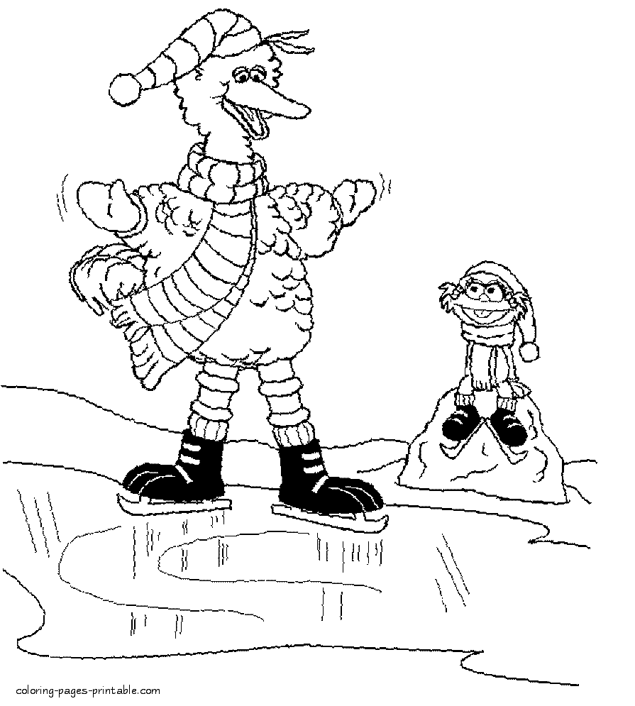 Big Bird is skating coloring page for a winter season