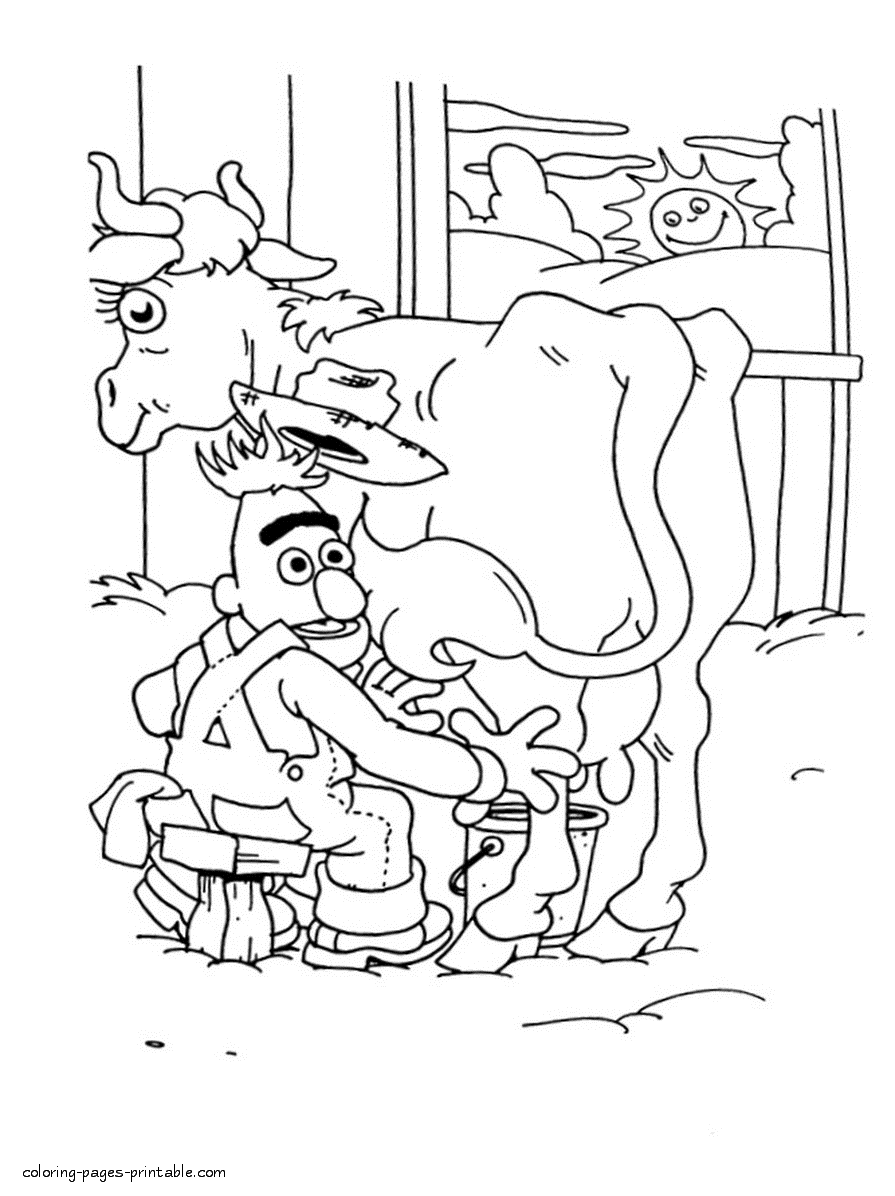 Bert milking a cow coloring page for kids