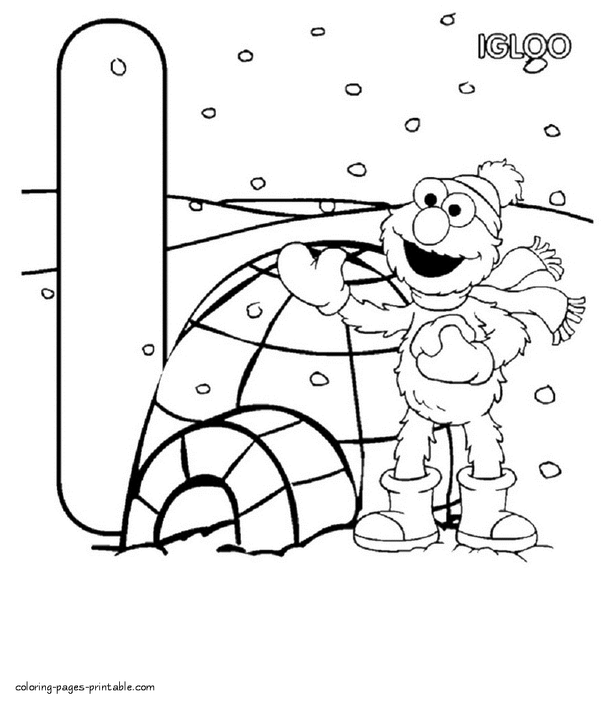Coloring page Elmo near igloo and the letter I. Sesame Street printables