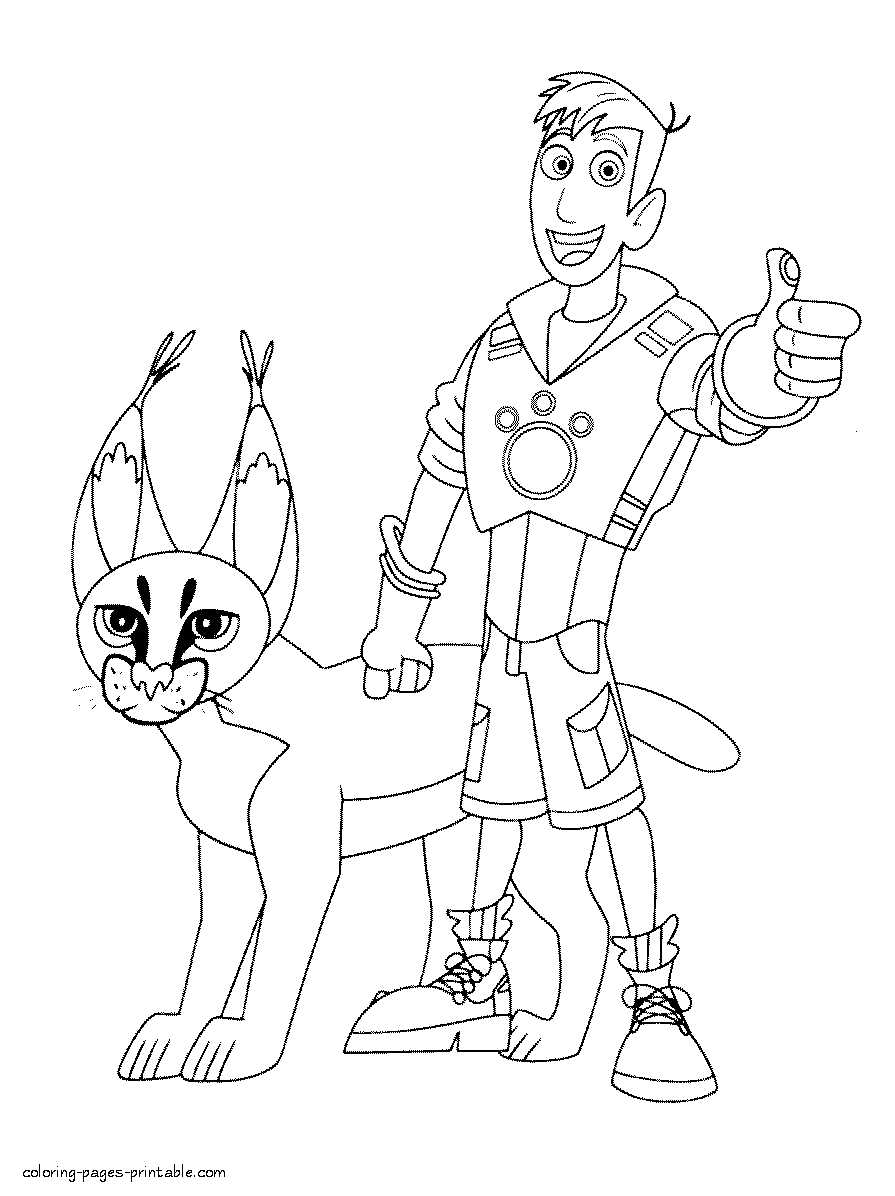 Coloring page of Martin Kratt with a lynx