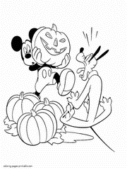 Mickey and Pluto with Halloween pumpkins. Disney colouring