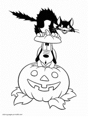 Printable Disney Halloween coloring pages with Pluto and black cat