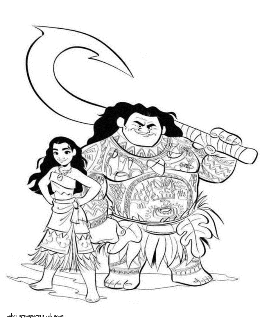 Download The Moana and Maui page to color it || COLORING-PAGES-PRINTABLE.COM