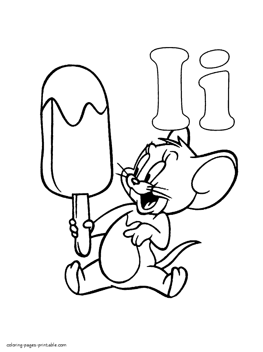 Coloring page of cartoon. Jerry mouse with ice cream