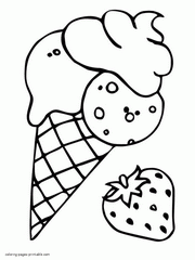 Ice cream cone with strawberry coloring page. Food pictures