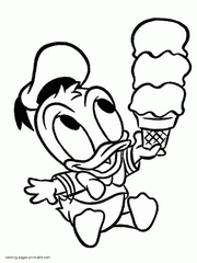 Donald Duck with ice cream. Kid's coloring page