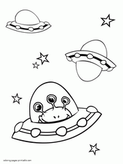 Space colouring sheet. UFO and aliens
