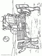 USA astronauts near spaceship. Printable coloring page for free