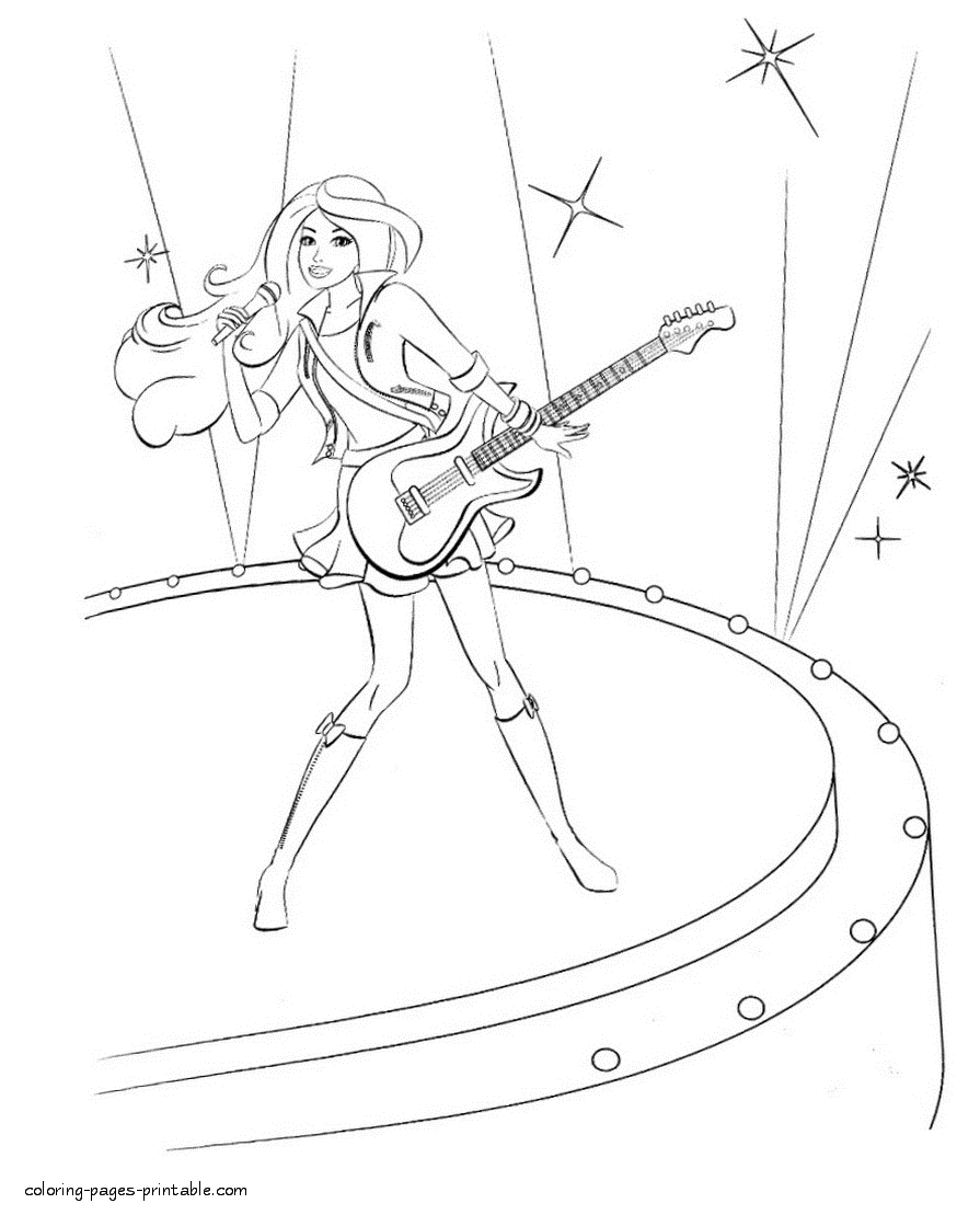 Barbie with rock guitar coloring page for a girl