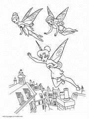 Fairies flying over the town. Free coloring page