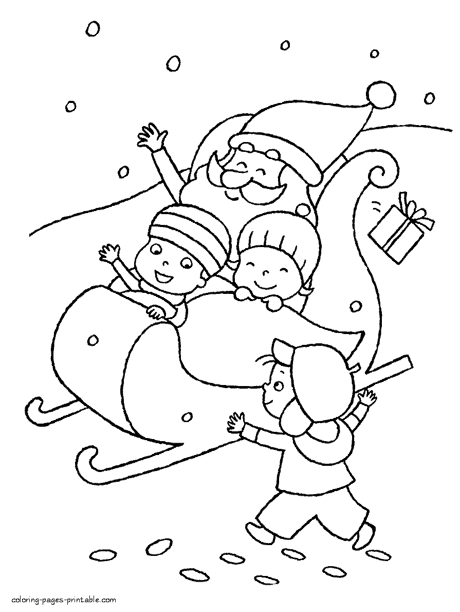 Santa on a sleigh with children. Free coloring pages