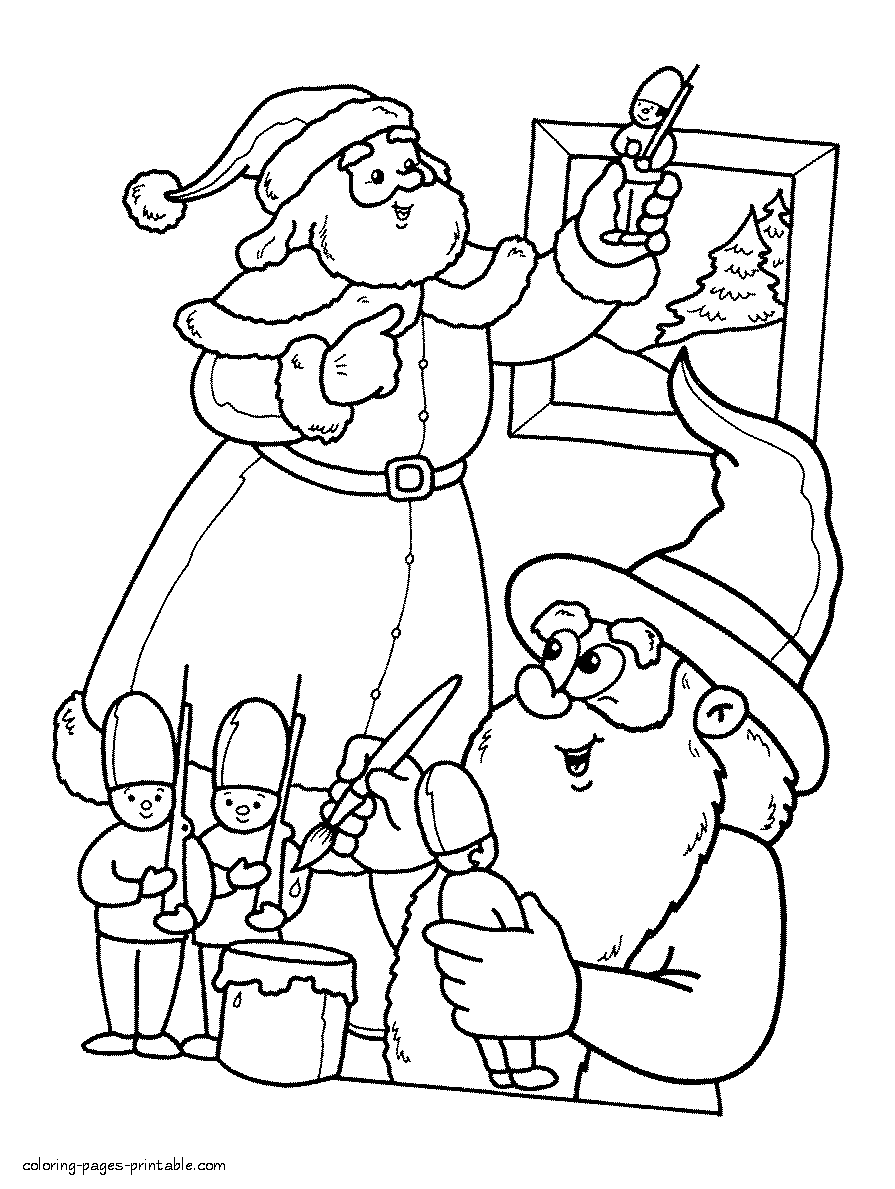 Free Christmas coloring pages. Santa and his dwarf