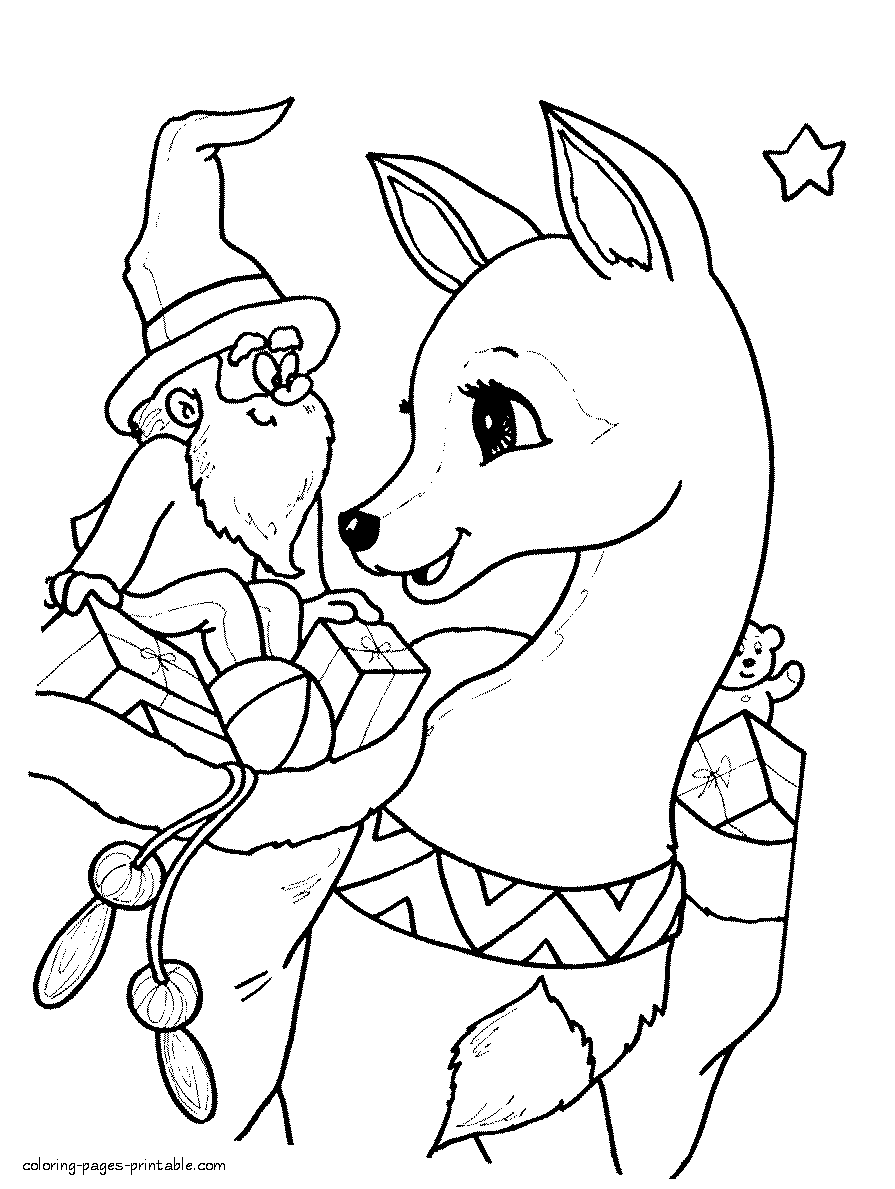 Coloring Christmas pages. Elf and reindeer