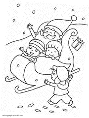 Santa on a sleigh with children. Free coloring pages