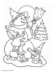 Snowman and elves. Christmas coloring pages for free