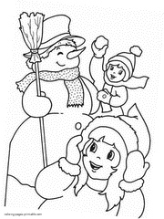 Children and snowman. Printable coloring page