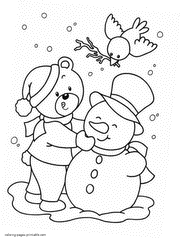 Free printable Christmas coloring pages. Snowman and little bear