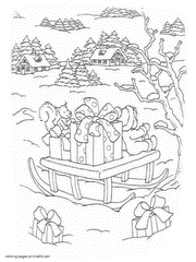 Coloring page sleigh with Christmas gifts for kids