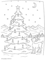 Coloring page Christmas tree and reindeer