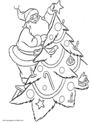 Santa Claus decorate Christmas tree. Coloring pages for free