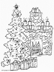 Christmas tree and fireplace. Kids printable coloring page