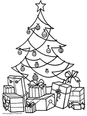 Coloring page Christmas tree and many presents