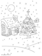 Christmas Village coloring pages. Tree and house