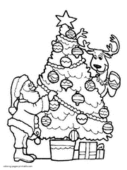 Santa with his reindeer decorate Christmas tree. Printable coloring pages