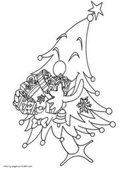 Coloring page. Christmas tree with a presents