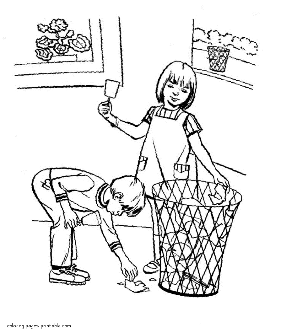Download Earth Day. Children doing house cleaning || COLORING-PAGES-PRINTABLE.COM