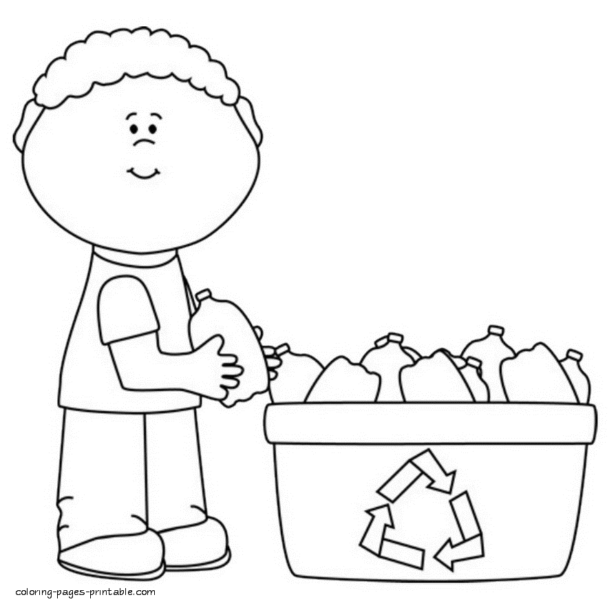 Recycling coloring pages printable. Boy throws a plastic bottle in the trash can