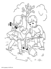 Children plant trees in the park coloring page for printout