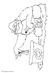 Monkey puts a banana peel in the recycling bin. Coloring pages for kids