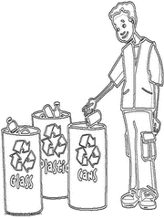 Recycle bins coloring page. Glass, plastic and cans