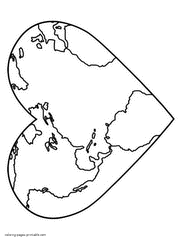 World map in the form of heart colouring page