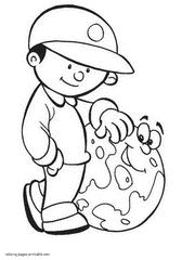 Kid boy and Earth coloring page to print