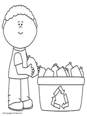 Recycling coloring pages printable. Boy throws a plastic bottle in the trash can