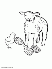 Lamb, chicken and eggs coloring page for Easter