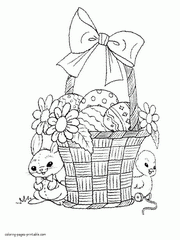 Coloring pages of Easter basket, bunny and chicken and eggs