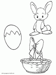 Coloring page of a rabbit, an egg and a basket. Free printable
