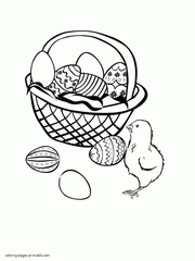 Painted eggs in a basket and chicken. Coloring page