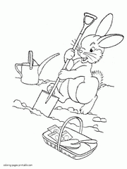 Search coloring page of a bunny who works in the garden