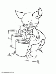 Easter coloring page. Bunny prepares the paints