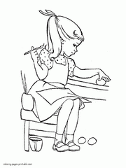 Girl drawing Easter eggs. Coloring sheet