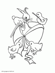 Free coloring pages Easter. Chicks and bunny decorates an egg
