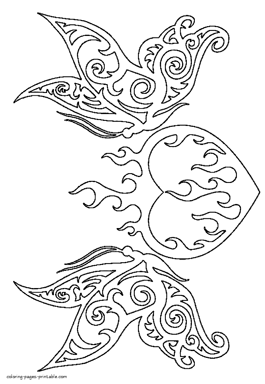 Burning heart and butterflies coloring page
