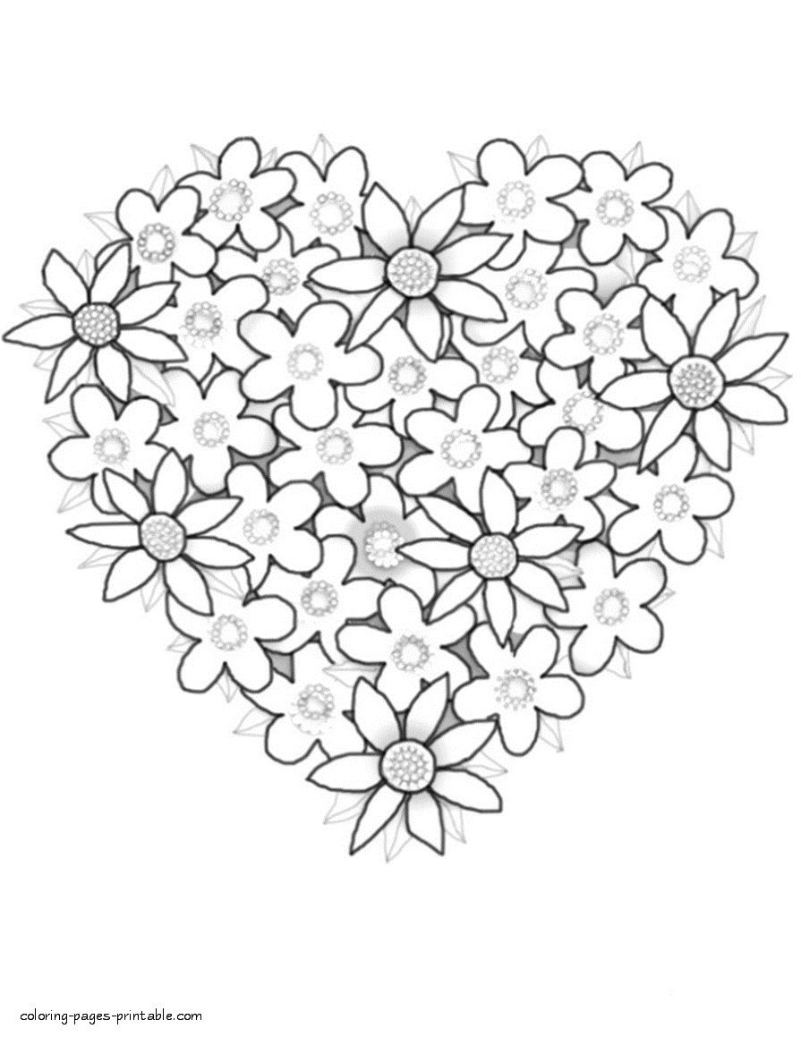 Heart of beautiful flowers coloring page || COLORING-PAGES-PRINTABLE.COM
