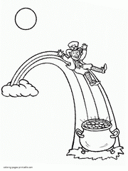 Rainbow, Leprechaun and his pot of gold. Irish coloring pages
